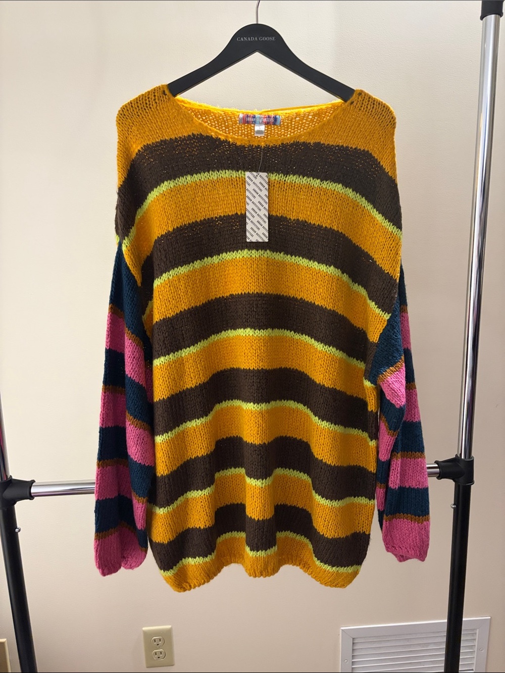 Colorblock Striped Knit Sweater - Mustard, Brown, Pink